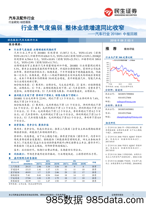 汽车行业2018H1中报回顾：行业景气度偏弱，整体业绩增速同比收窄_民生证券