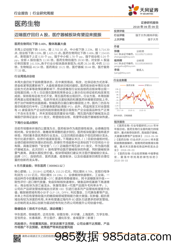 医药生物行业研究周报：迈瑞医疗回归A股，医疗器械板块有望迎来提振_天风证券