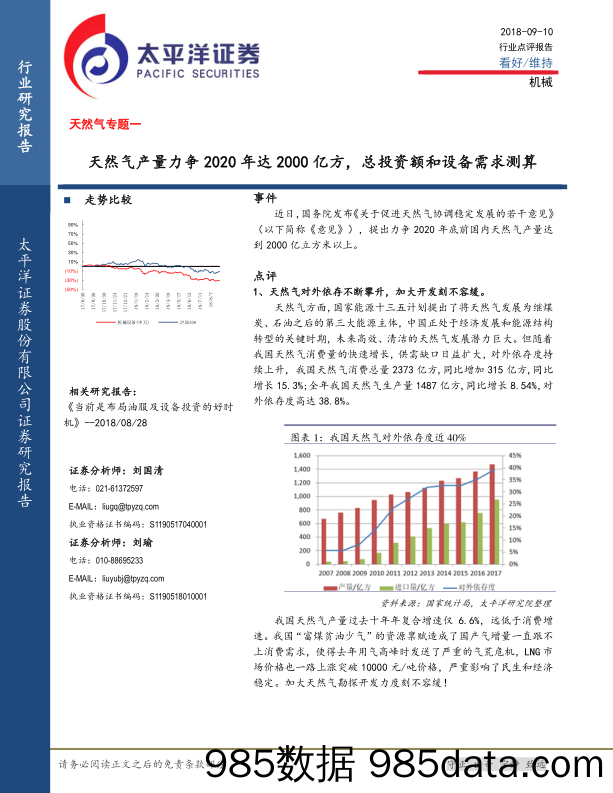 天然气专题行业点评报告：天然气产量力争2020年达2000亿方，总投资额和设备需求测算_太平洋