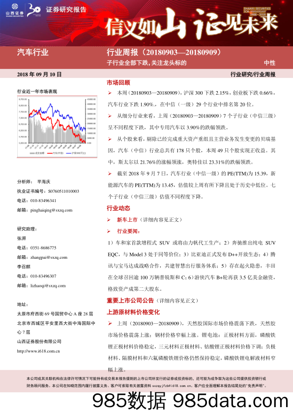 汽车行业周报：子行业全部下跌，关注龙头标的_山西证券