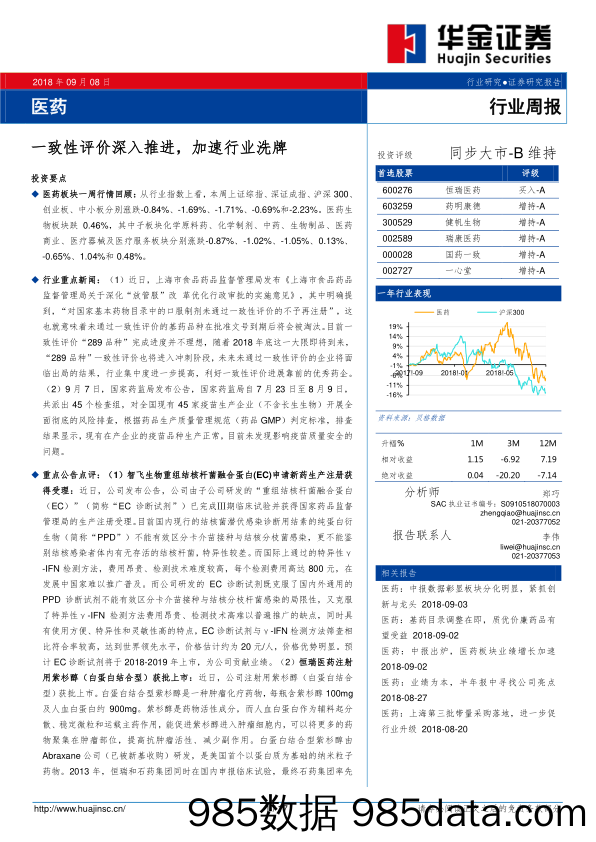 医药行业周报：一致性评价深入推进，加速行业洗牌_华金证券