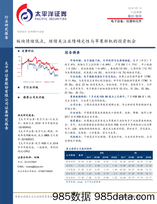 电子设备、仪器和元件行业周报：板块情绪低点，继续关注业绩确定性与苹果新机的投资机会_太平洋