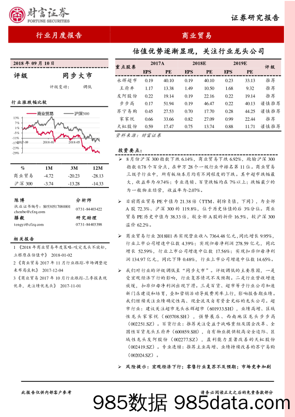 商业贸易行业月度报告：估值优势逐渐显现，关注行业龙头公司_财富证券