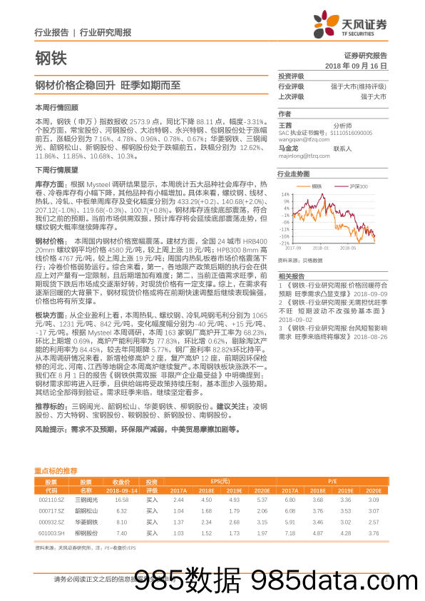 钢铁行业研究周报：钢材价格企稳回升 旺季如期而至_天风证券