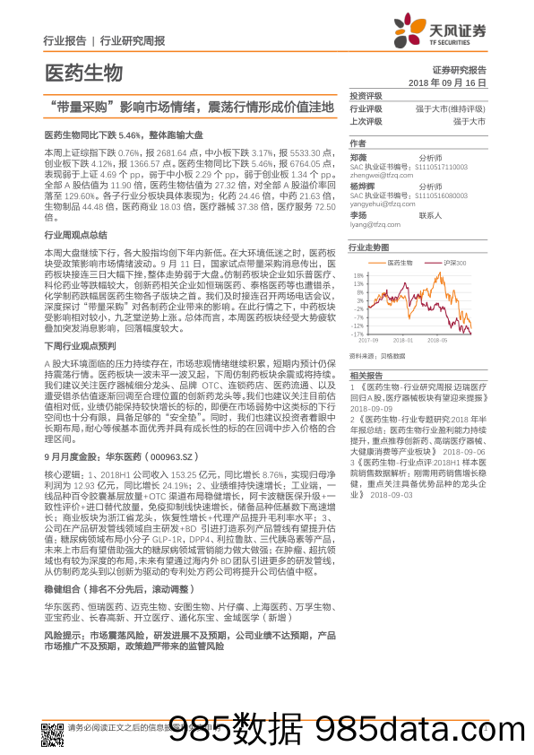 医药生物行业研究周报：“带量采购”影响市场情绪，震荡行情形成价值洼地_天风证券