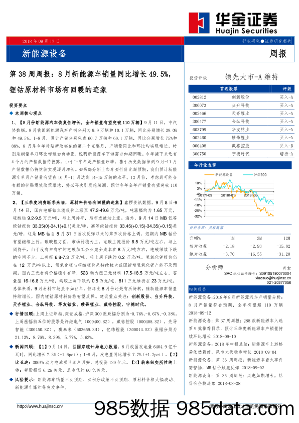 新能源设备第38周周报：8月新能源车销量同比增长49.5%，锂钴原材料市场有回暖的迹象_华金证券