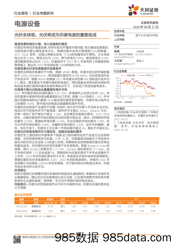 电源设备：光伏全球观：光伏将成为印度电源的重要组成_天风证券