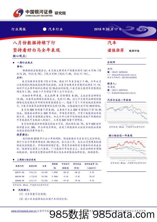 汽车行业周报：八月份数据持续下行 坚持看好白马全年表现_中国银河