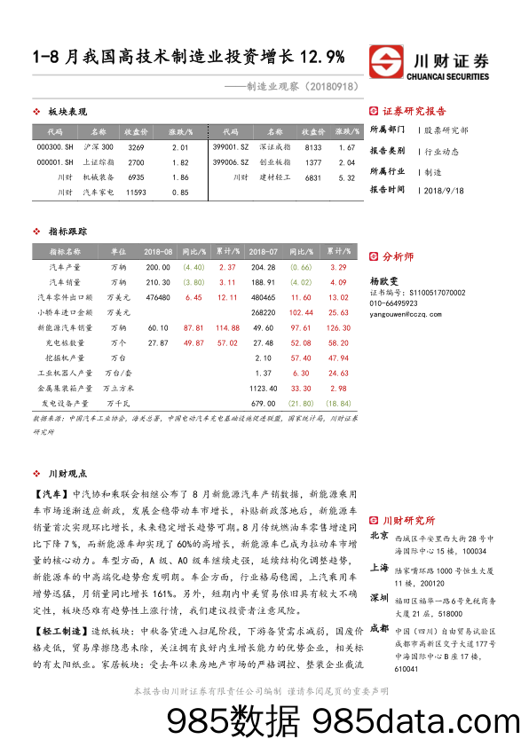 制造业观察：1-8月我国高技术制造业投资增长12.9%_川财证券