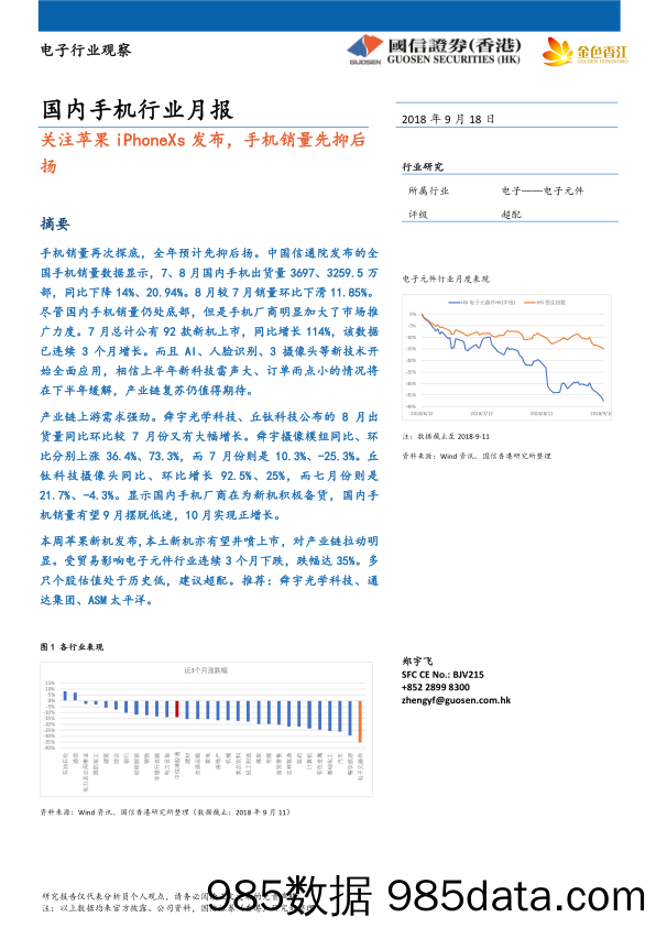 国内手机行业月报：关注苹果IPHONEXS发布，手机销量先抑后扬_国信证券(香港)