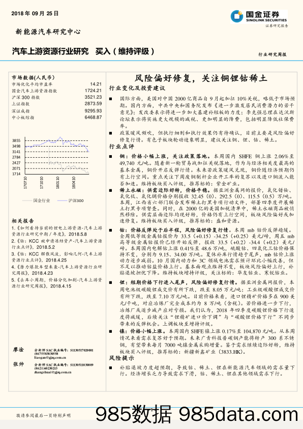 汽车上游资源行业研究周报：风险偏好修复，关注铜锂钴稀土_国金证券