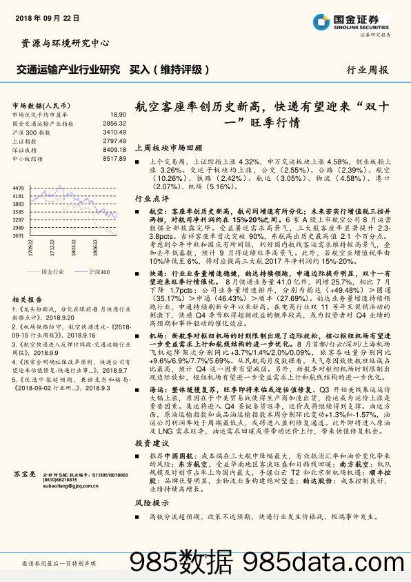 交通运输产业行业研究：航空客座率创历史新高，快递有望迎来“双十一”旺季行情_国金证券