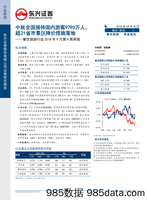 餐饮旅游行业2018年9月第4周周报：中秋全国接待国内游客9790万人，超21省市景区降价措施落地_东兴证券