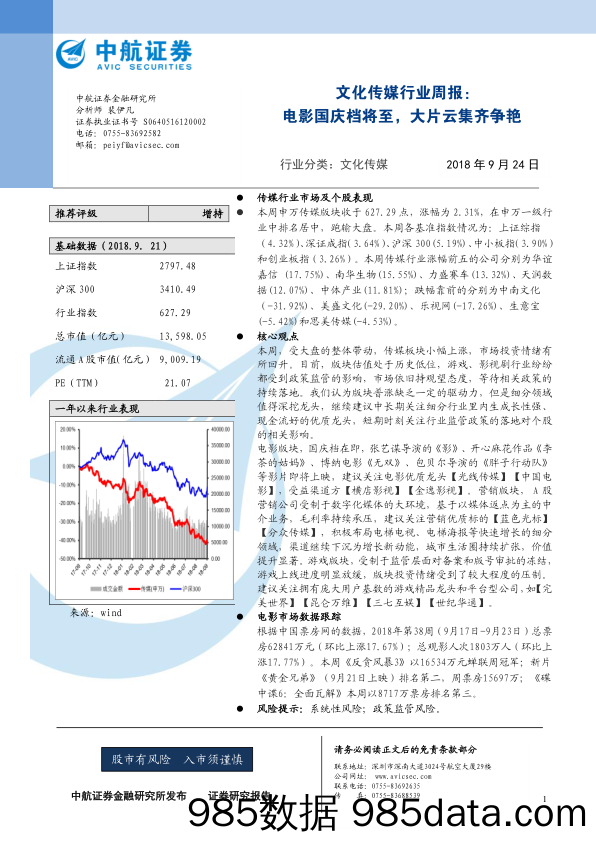 文化传媒行业周报：电影国庆档将至，大片云集齐争艳_中航证券