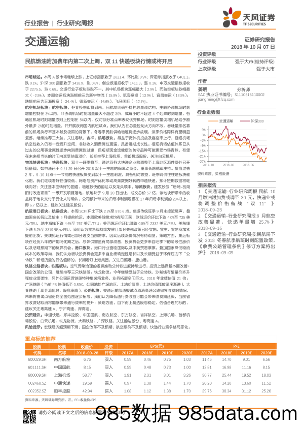 交通运输行业研究周报：民航燃油附加费年内第二次上调，双11快递板块行情或将开启_天风证券