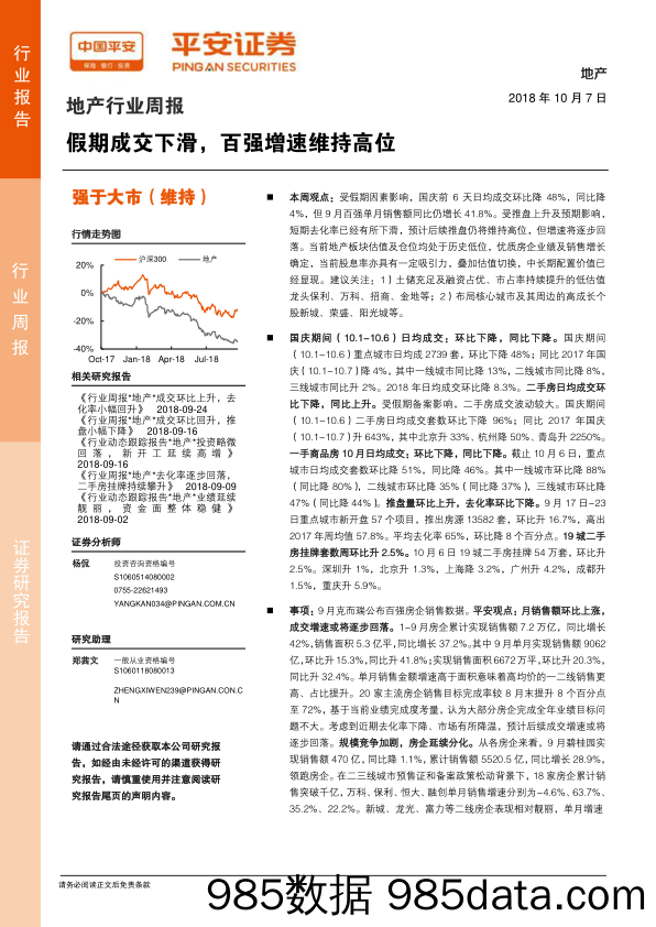 地产行业周报：假期成交下滑，百强增速维持高位_平安证券