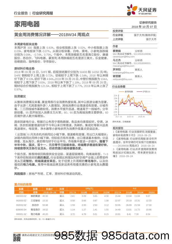 家用电器2018W34周观点：黄金周消费情况详解_天风证券