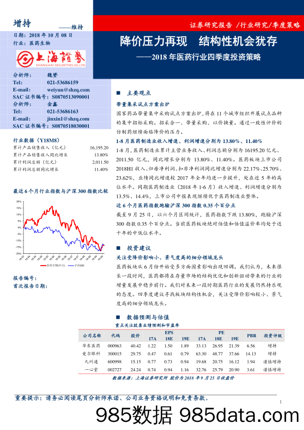 2018年医药行业四季度投资策略：降价压力再现 结构性机会犹存_上海证券