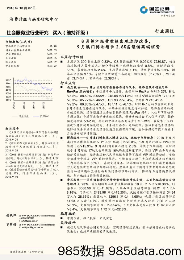 社会服务业行业研究：8月锦江经营数据出现边际改善，9月澳门博彩增长2.8%需谨慎高端消费_国金证券