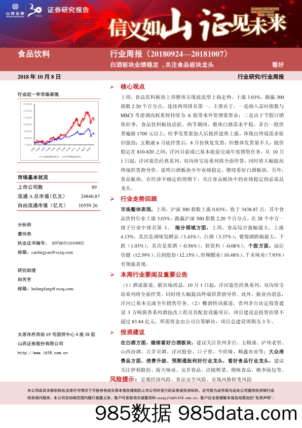 食品饮料行业周报：白酒板块业绩稳定，关注食品板块龙头_山西证券