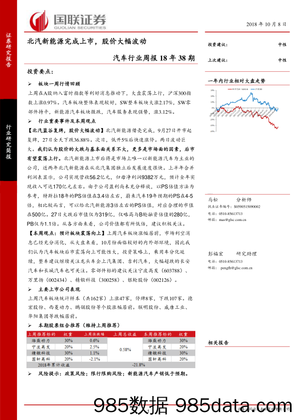 汽车行业周报18年38期：北汽新能源完成上市，股价大幅波动_国联证券