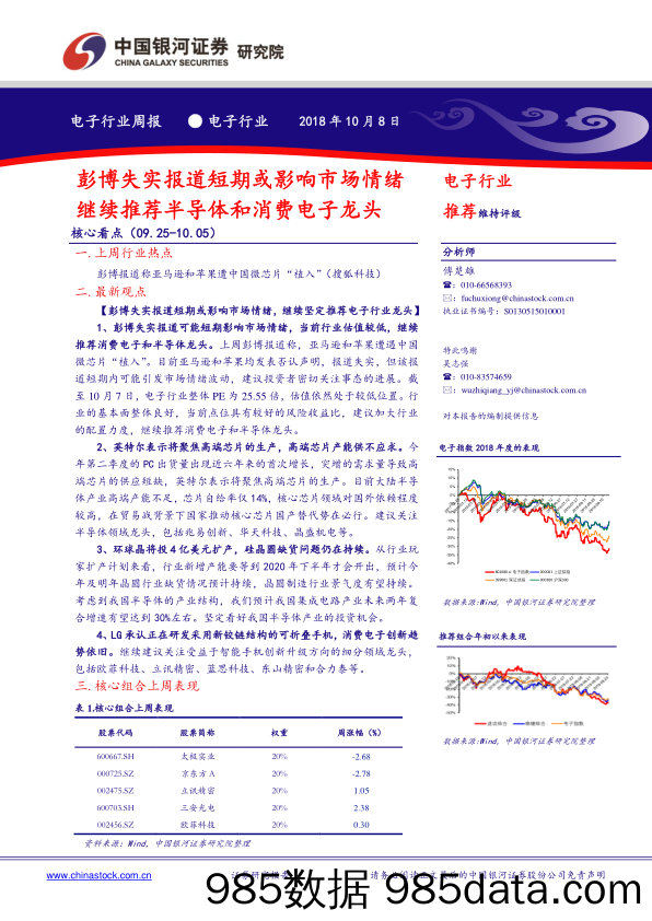 电子行业周报：彭博失实报道短期或影响市场情绪继续推荐半导体和消费电子龙头_中国银河