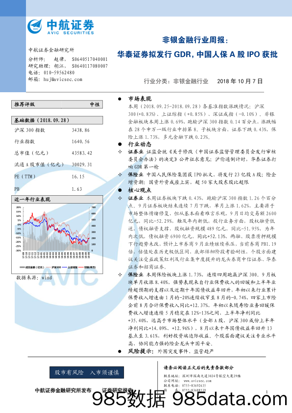 非银金融行业周报：华泰证券拟发行GDR，中国人保A股IPO获批_中航证券