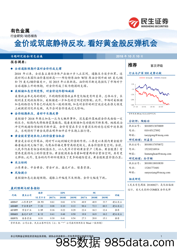 有色金属专题研究报告：金价或筑底静待反攻，看好黄金股反弹机会_民生证券