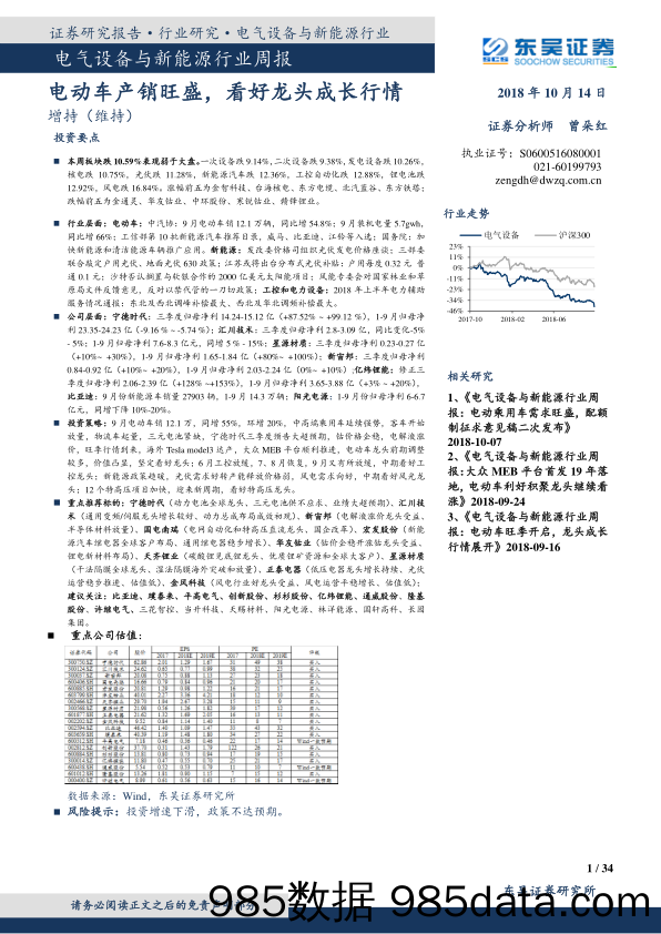 电气设备与新能源行业周报：电动车产销旺盛，看好龙头成长行情_东吴证券