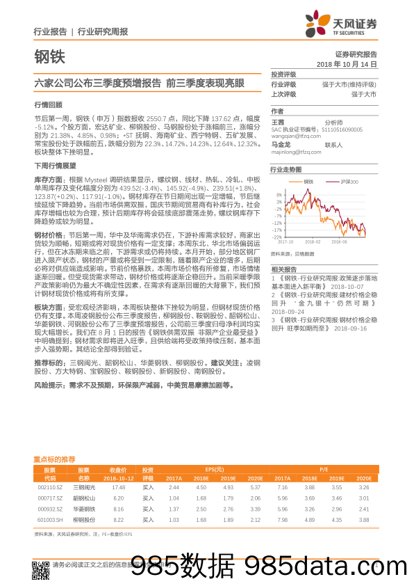 钢铁行业研究周报：六家公司公布三季度预增报告，前三季度表现亮眼_天风证券