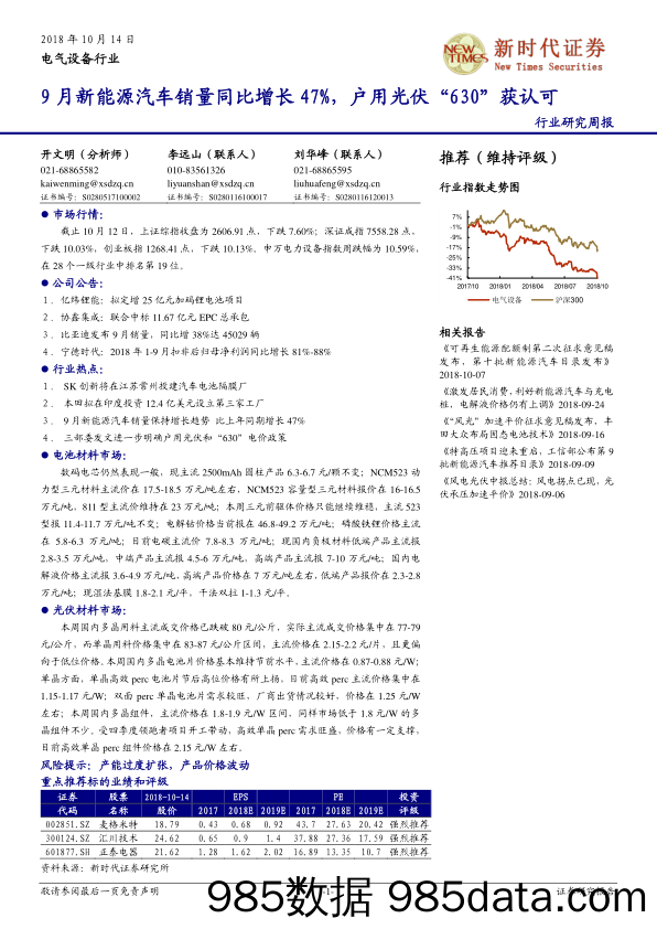 电气设备行业研究周报：9月新能源汽车销量同比增长47%，户用光伏“630”获认可_新时代证券