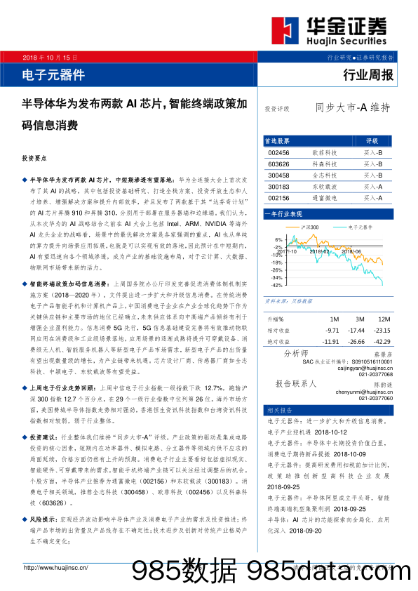 电子元器件行业周报：半导体华为发布两款AI芯片，智能终端政策加码信息消费_华金证券