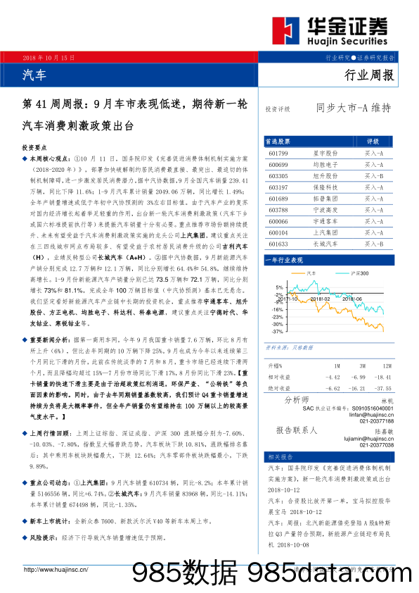 汽车第41周周报：9月车市表现低迷，期待新一轮汽车消费刺激政策出台_华金证券