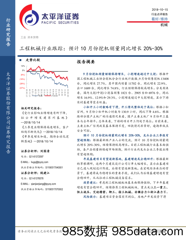 工程机械行业跟踪：预计10月份挖机销量同比增长20%-30%_太平洋