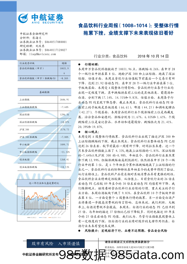 食品饮料行业周报：受整体行情拖累下挫，业绩支撑下未来表现依旧看好_中航证券