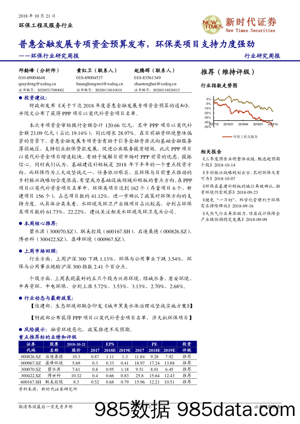 环保行业研究周报：普惠金融发展专项资金预算发布，环保类项目支持力度强劲_新时代证券