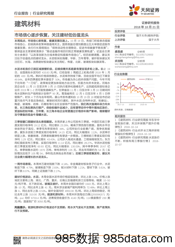 建筑材料行业研究周报：市场信心逐步恢复，关注建材低估值龙头_天风证券