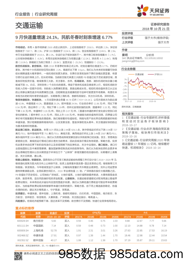 交通运输行业研究周报：9月快递量增速24.1%，民航冬春时刻表增速6.77%_天风证券