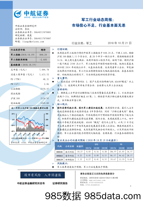 军工行业动态周报：市场信心不足，行业基本面无恙_中航证券