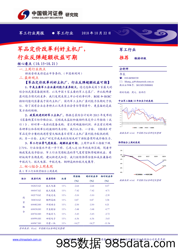 军工行业周报：军品定价改革利好主机厂，行业反弹超额收益可期_中国银河