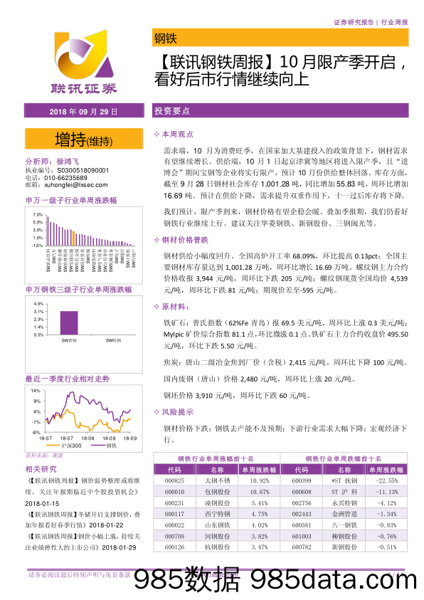 【联讯钢铁周报】10月限产季开启，看好后市行情继续向上_联讯证券