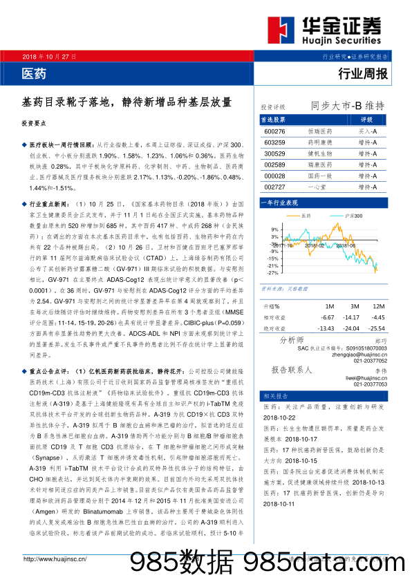 医药行业周报：基药目录靴子落地，静待新增品种基层放量_华金证券