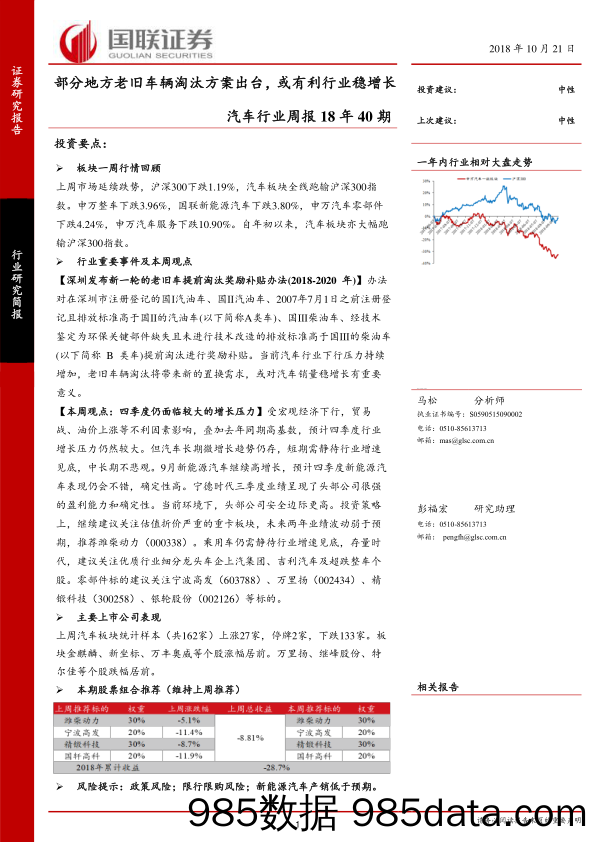 汽车行业周报18年40期：部分地方老旧车辆淘汰方案出台，或有利行业稳增长_国联证券