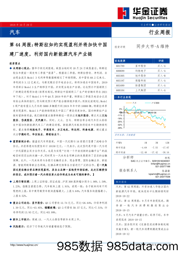 汽车：第44周报：特斯拉如约实现盈利并将加快中国建厂速度，利好国内新能源汽车产业链_华金证券