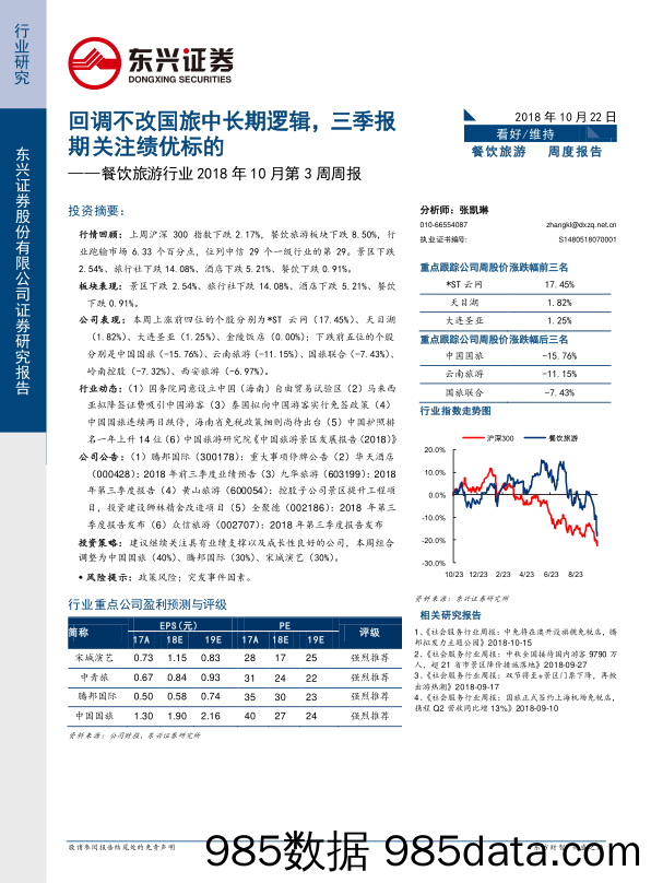 餐饮旅游行业2018年10月第3周周报：回调不改国旅中长期逻辑，三季报期关注绩优标的_东兴证券