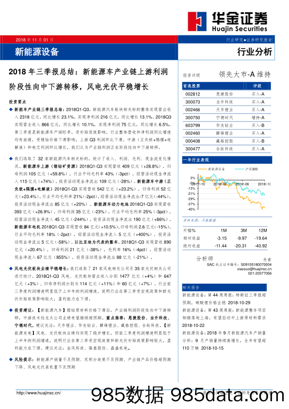 新能源设备2018年三季报总结：新能源车产业链上游利润阶段性向中下游转移，风电光伏平稳增长_华金证券