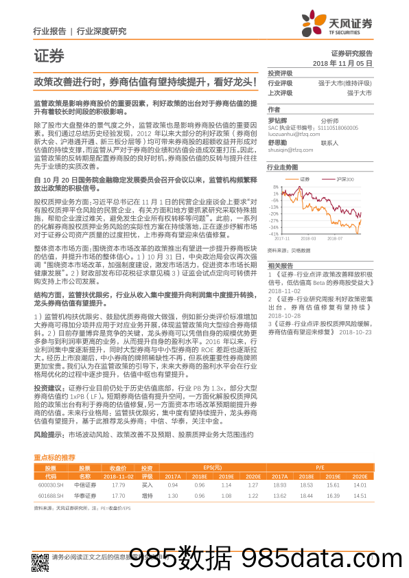 证券：政策改善进行时，券商估值有望持续提升，看好龙头！_天风证券