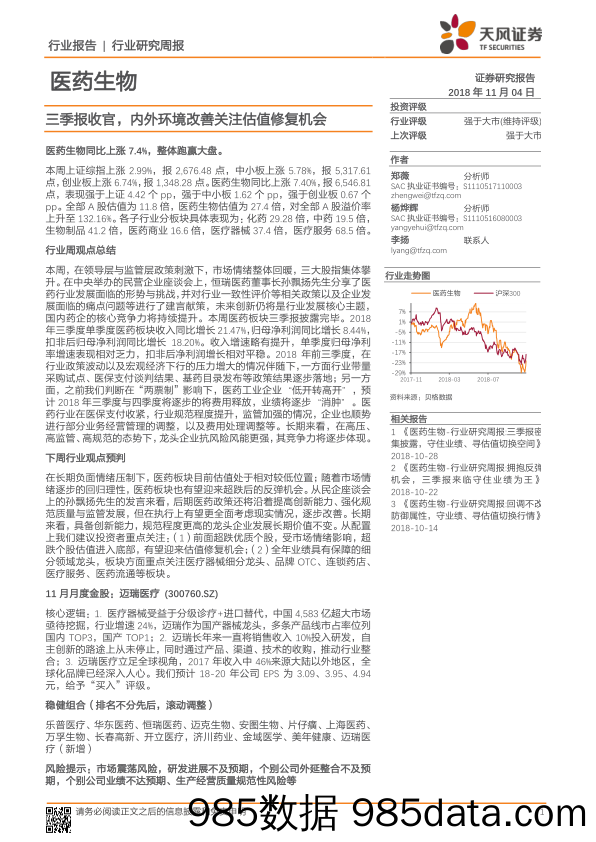 医药生物行业研究周报：三季报收官，内外环境改善关注估值修复机会_天风证券插图