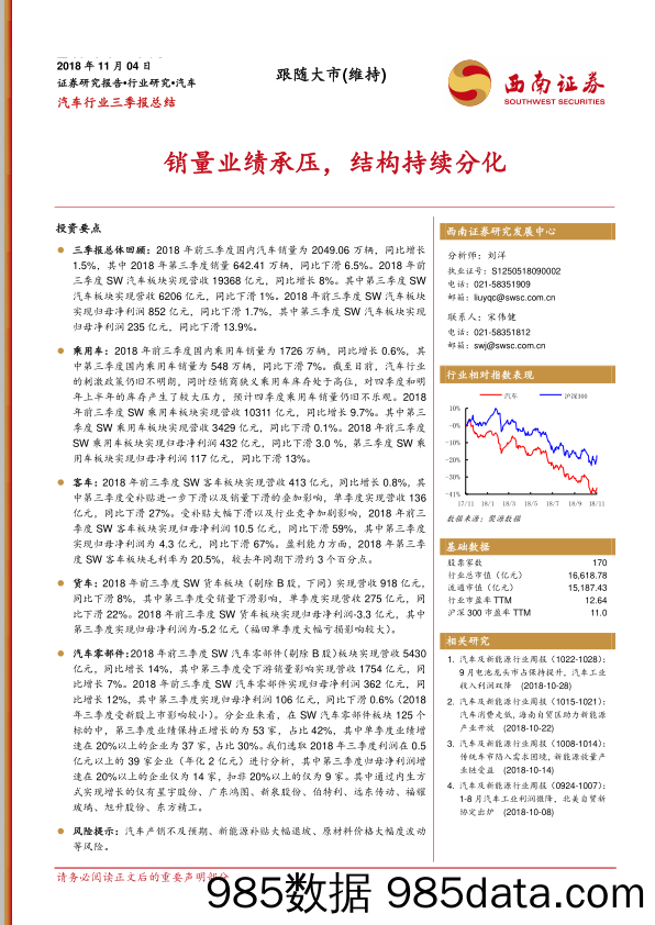 汽车行业三季报总结：销量业绩承压，结构持续分化_西南证券