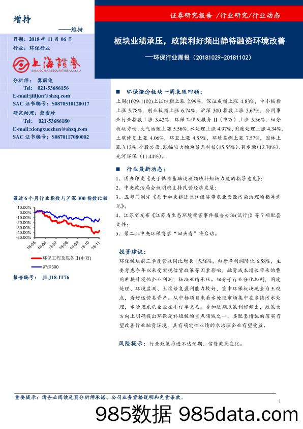 环保行业周报：板块业绩承压，政策利好频出静待融资环境改善_上海证券